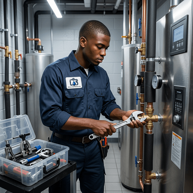 Young black professional commercial plumber wearing a Winners And Plumbers Inc uniform, working on a water heater system