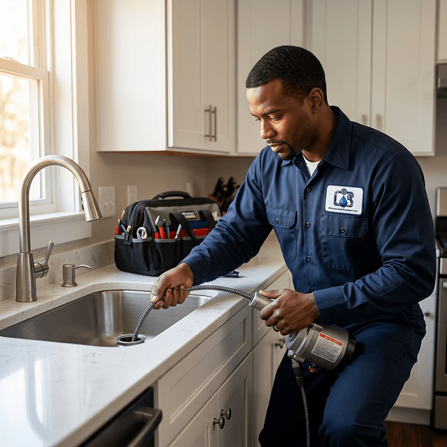 Professional plumber using a drain snake to clear a clogged kitchen sink