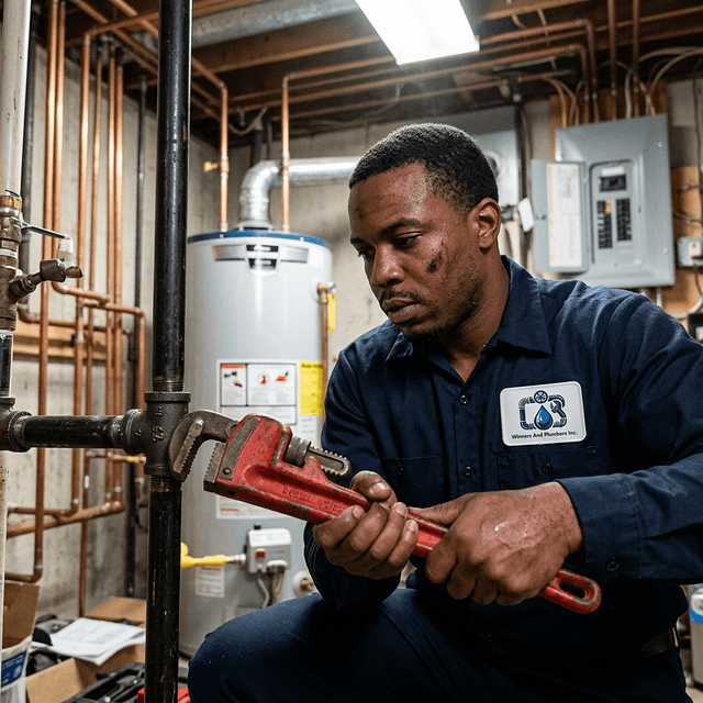 Professional plumber working on gas line piping in a basement