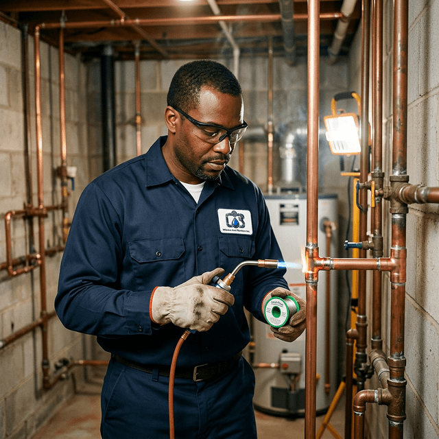 Professional plumber soldering copper pipes in a residential basement