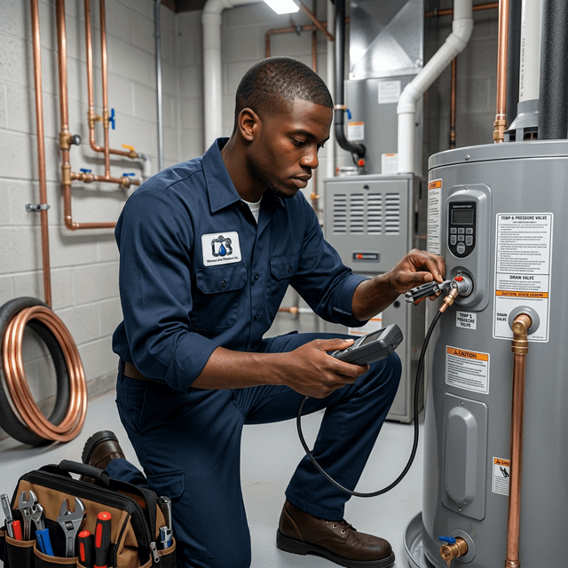 Professional plumber repairing a modern water heater system