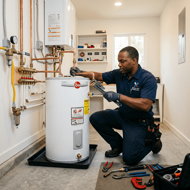 Professional plumber actively replacing a water heater tank in a clean utility room, wearing Winners And Plumbers Inc uniform